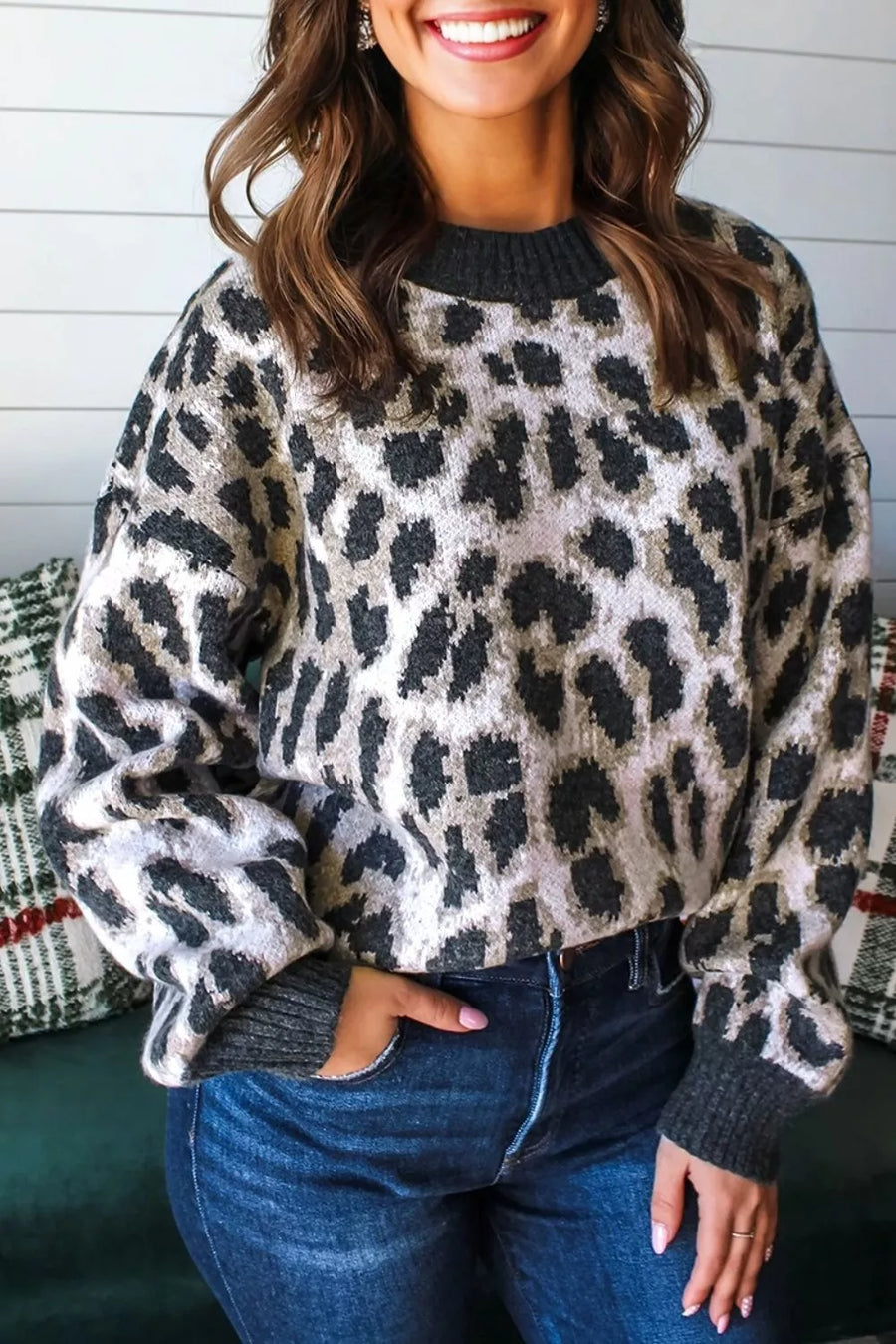 oatmeal pullover sweater with ribbed cuffs and long sleeve