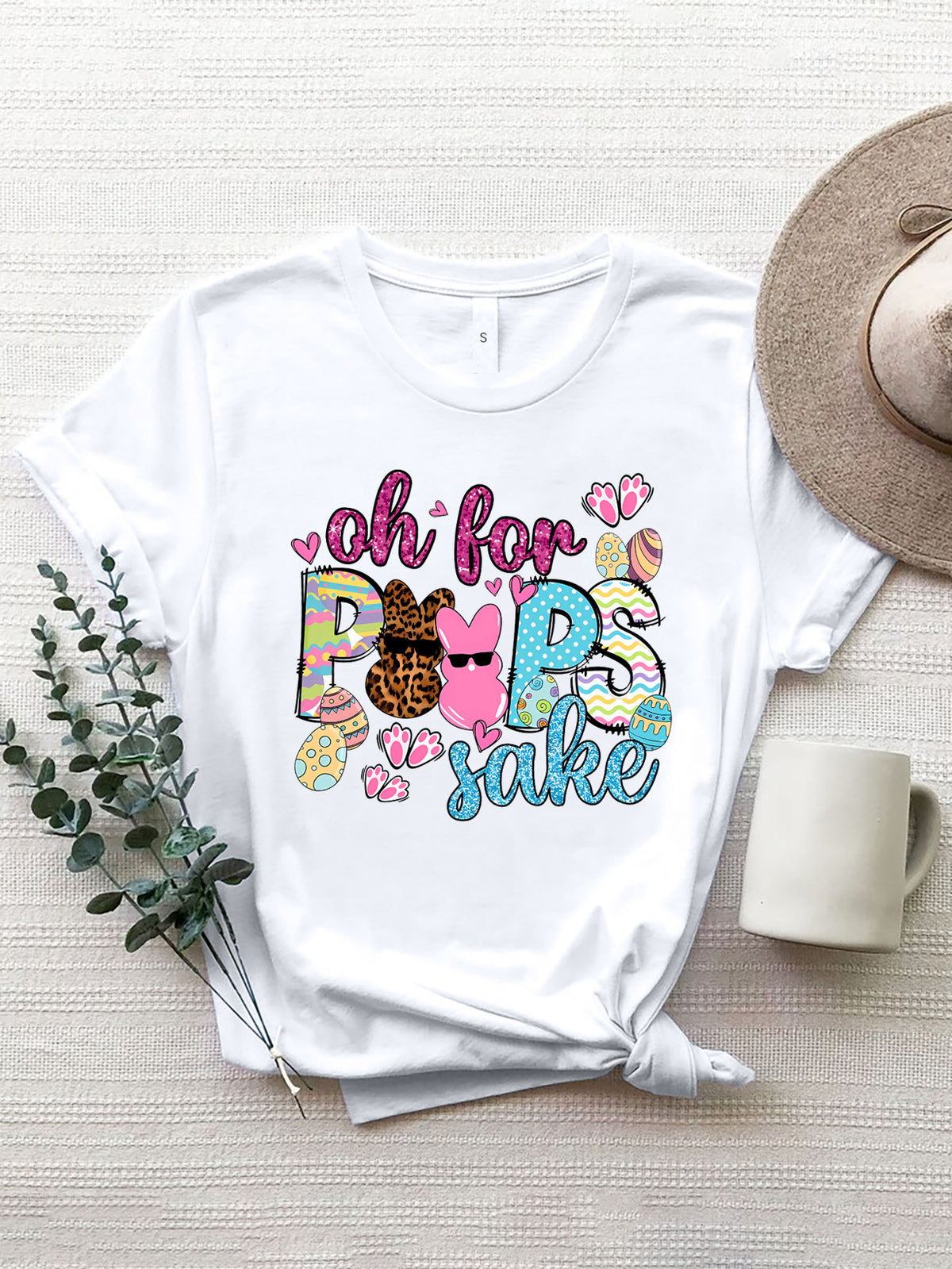 White Easter graphic tee with "Oh For Peeps Sake" text and bunny graphics.