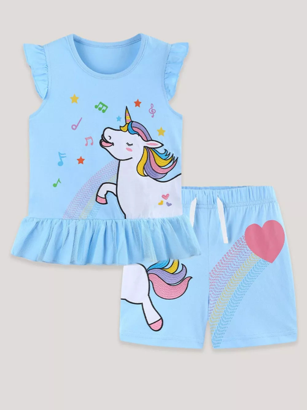 Light blue cotton unicorn ruffle top and shorts set with cap sleeves and rainbow accents.