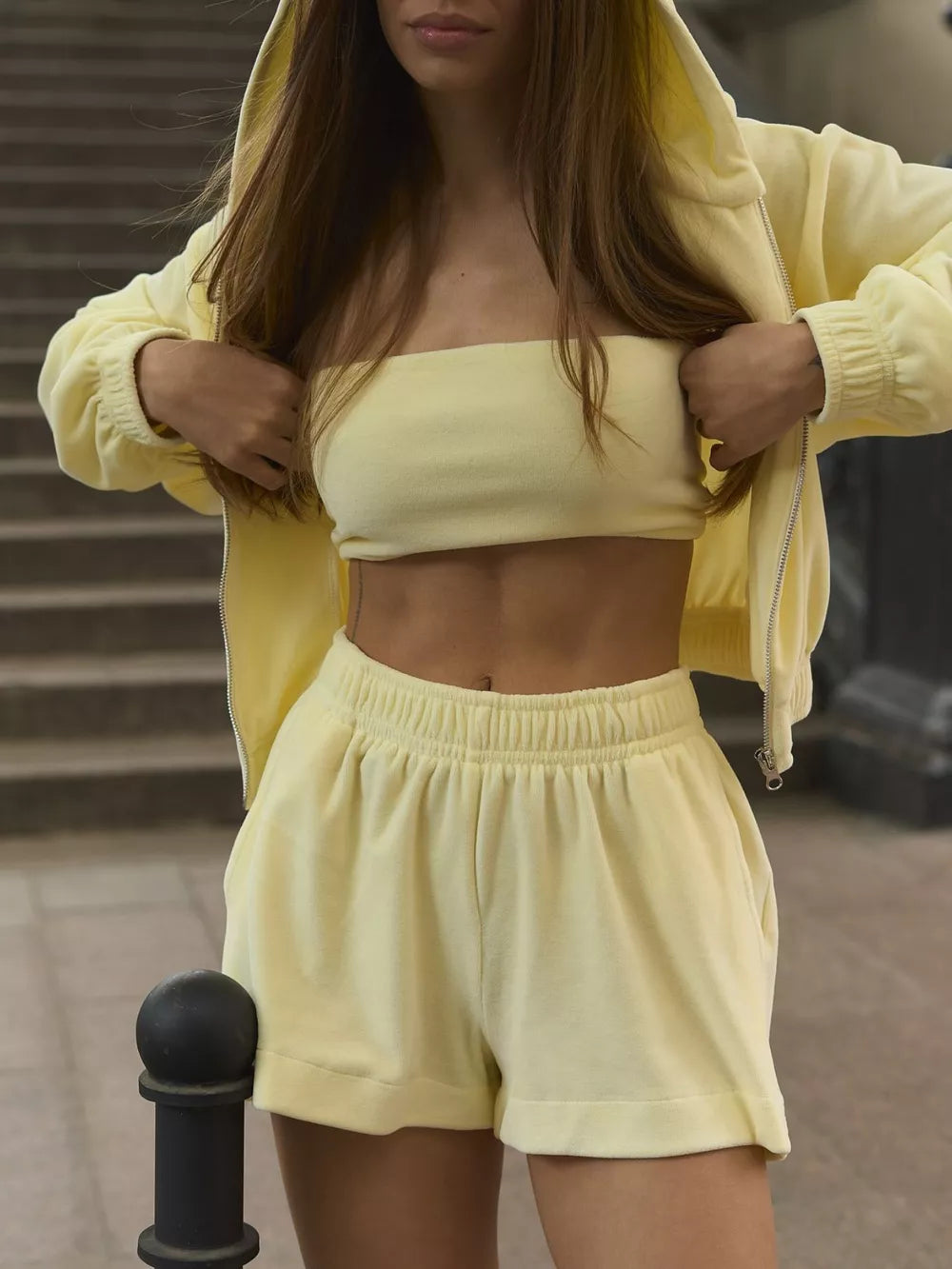 Sky Blue Zip Up Cropped Hoodie And Shorts Set