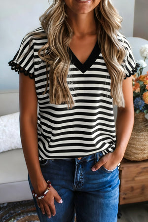 Classic striped V-neck t-shirt with black trim and scalloped sleeves.