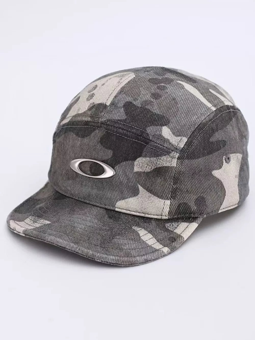 Camouflage baseball cap with silver Oakley logo detail