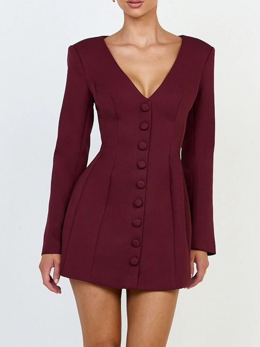 modern blazer dress in burgundy with deep v-neck