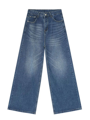 Light blue denim palazzo trousers with a wide leg and buttoned fly.
