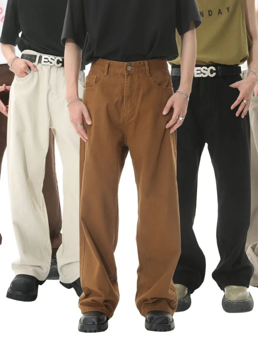 Brown wide-leg denim jeans with a relaxed fit.