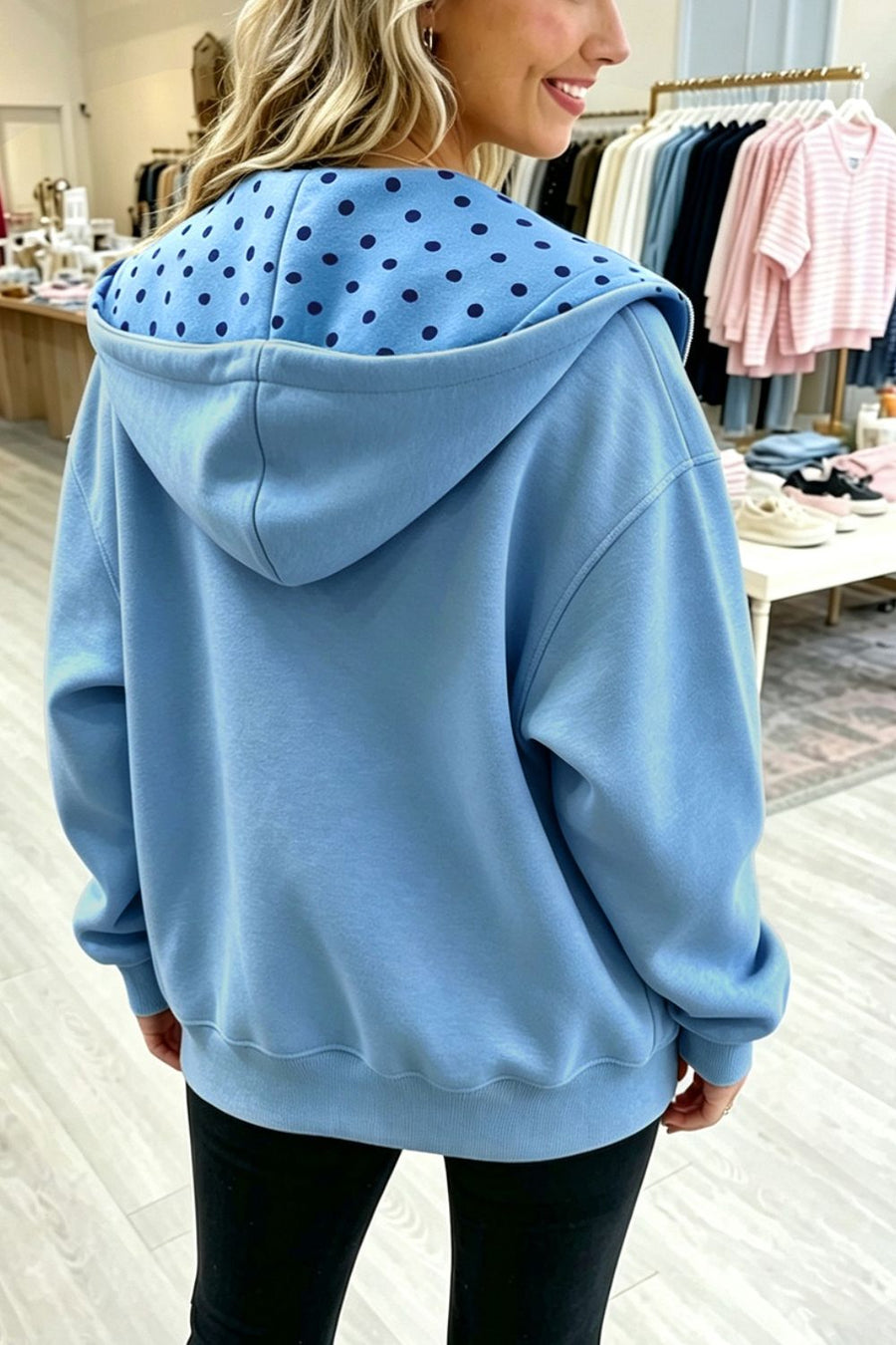 Light Blue zip hoodie featuring oversized and polka dot