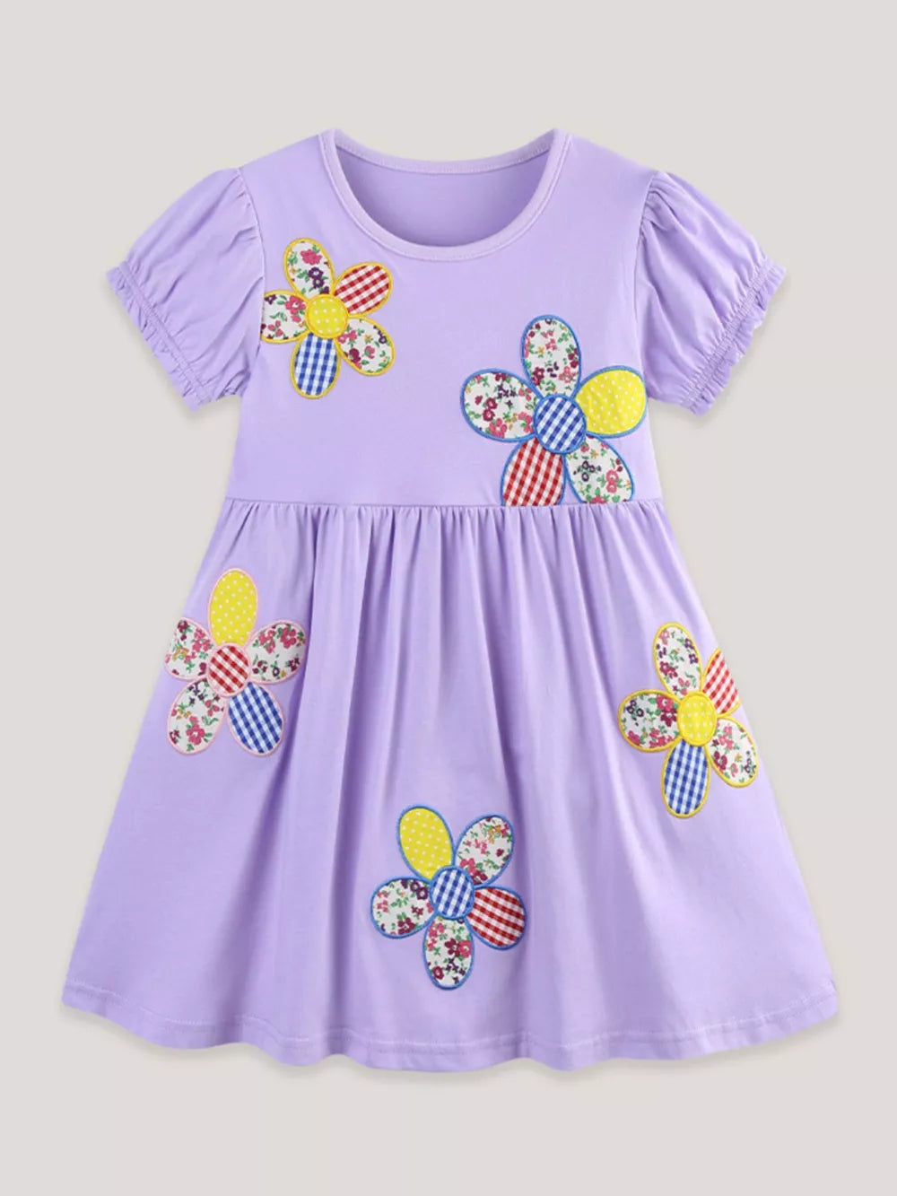 Lavender cotton toddler dress with colorful floral appliqués and puff sleeves.