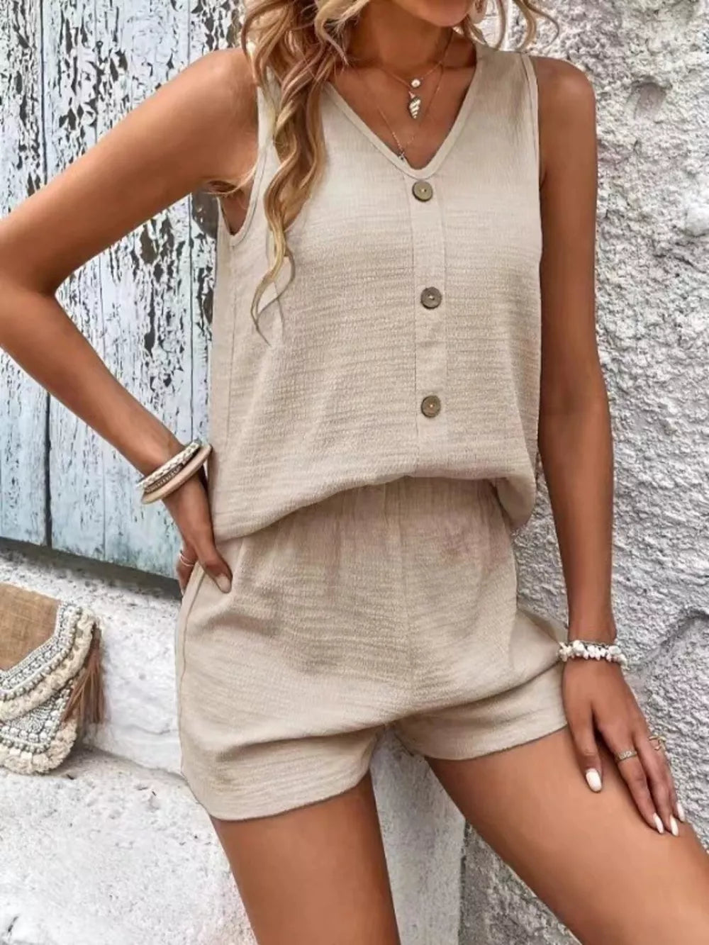 Apricot V-neck tank top with button detail and matching shorts set