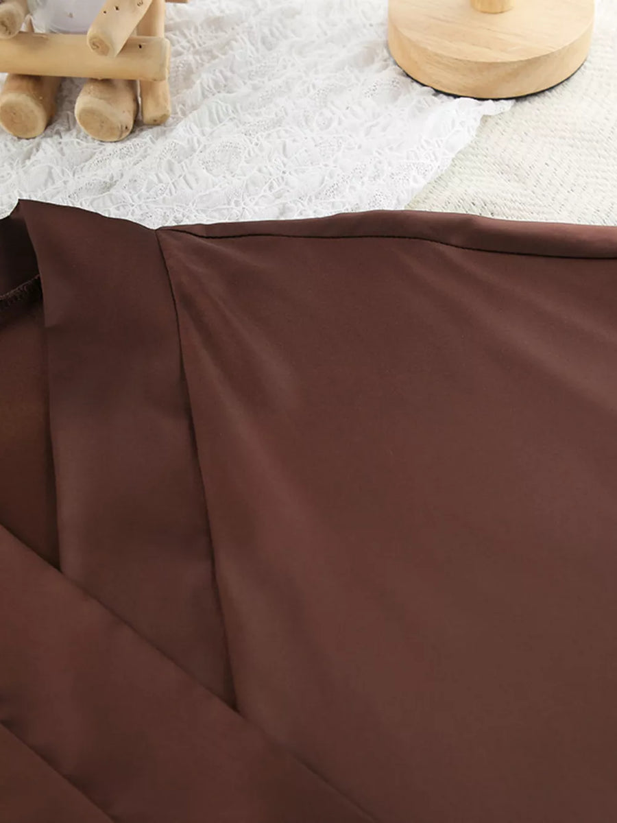 Satin Ruffle-trim Lounge Nightgown Robe in Dark Brown with belted