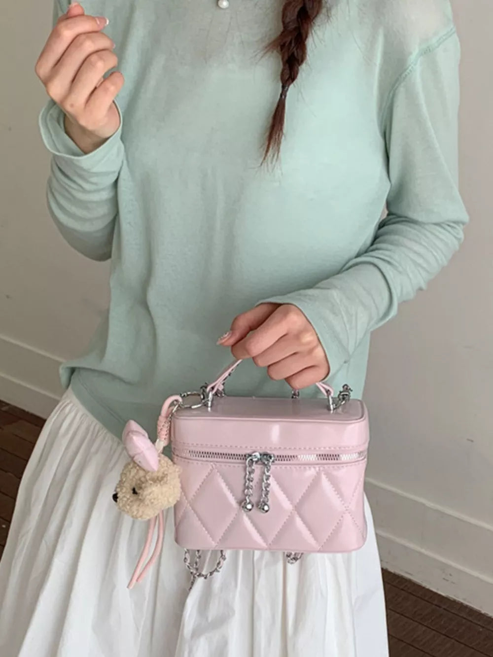 Pink Quilted Chain Strap Crossbody Bag