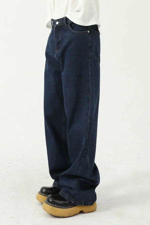 Dark wash denim jeans with a wide leg silhouette and casual fit.