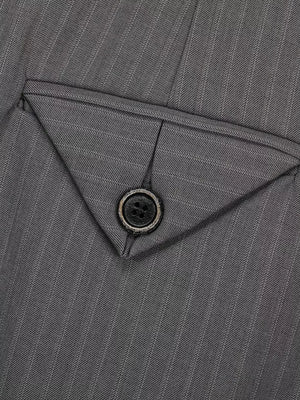 Grey pinstripe sweatpants with a buttoned pocket detail.