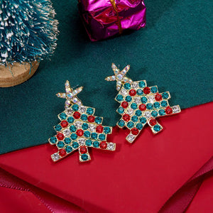 Gold rhinestone Christmas tree earrings with red, teal, and clear stones.