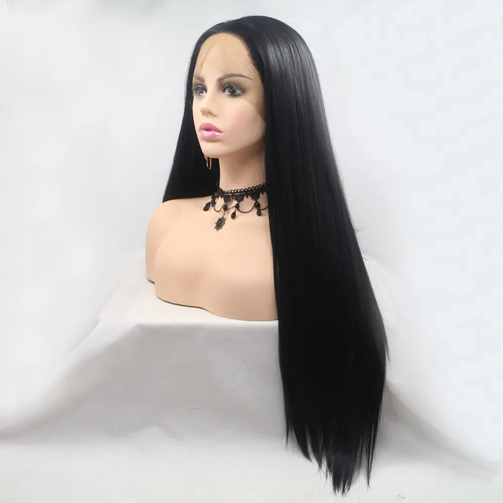 Glossy black straight lace front wig with a natural hairline and long, sleek hair.