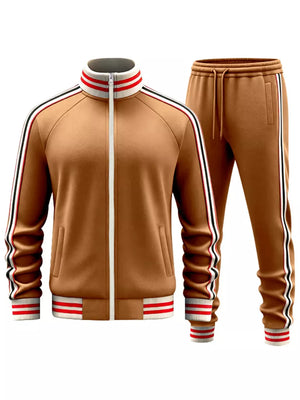Brown zip-up tracksuit with red, white, and black stripe accents on collar, sleeves, and pant legs.