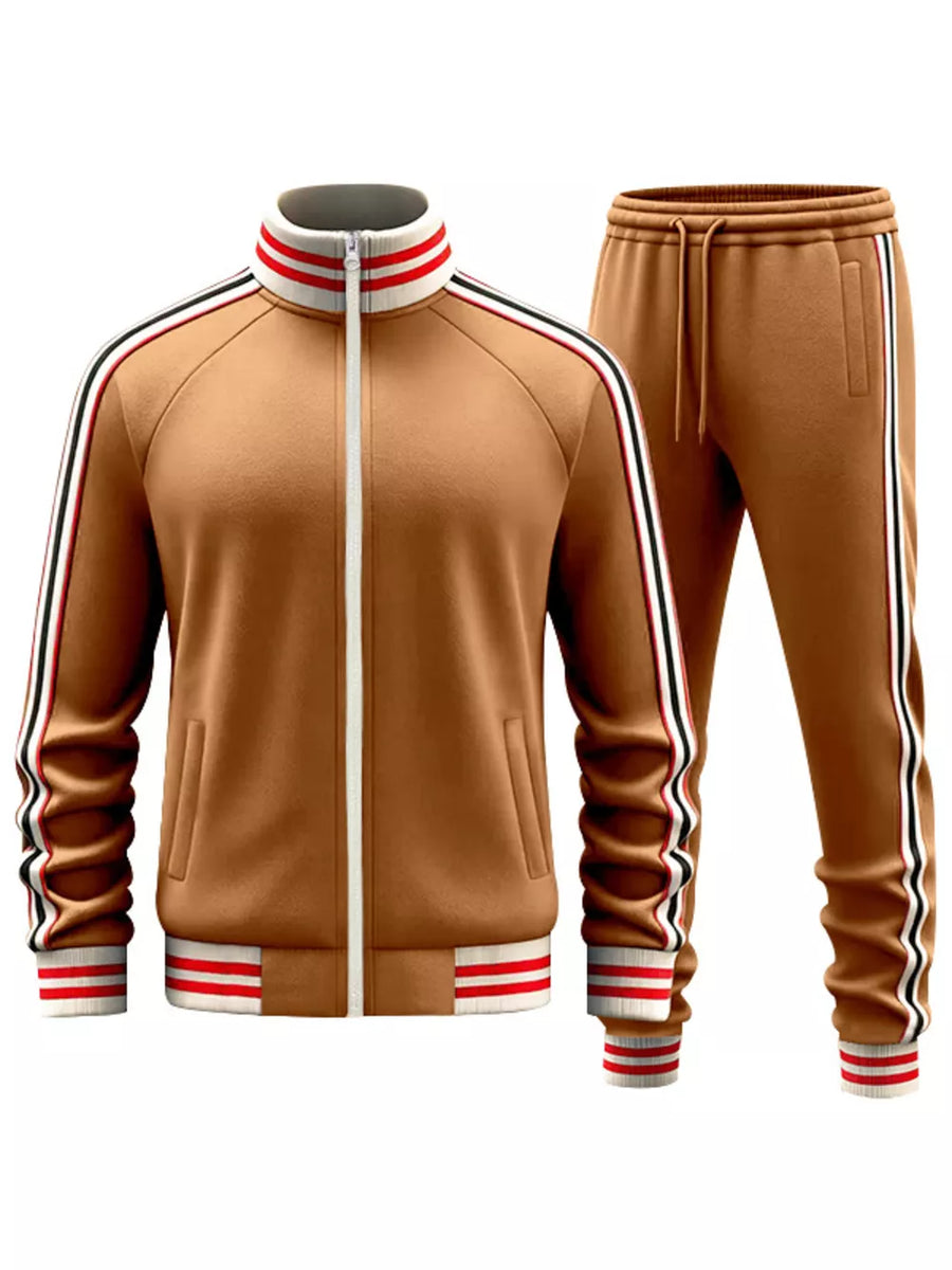 Brown zip-up tracksuit with red, white, and black stripe accents on collar, sleeves, and pant legs.