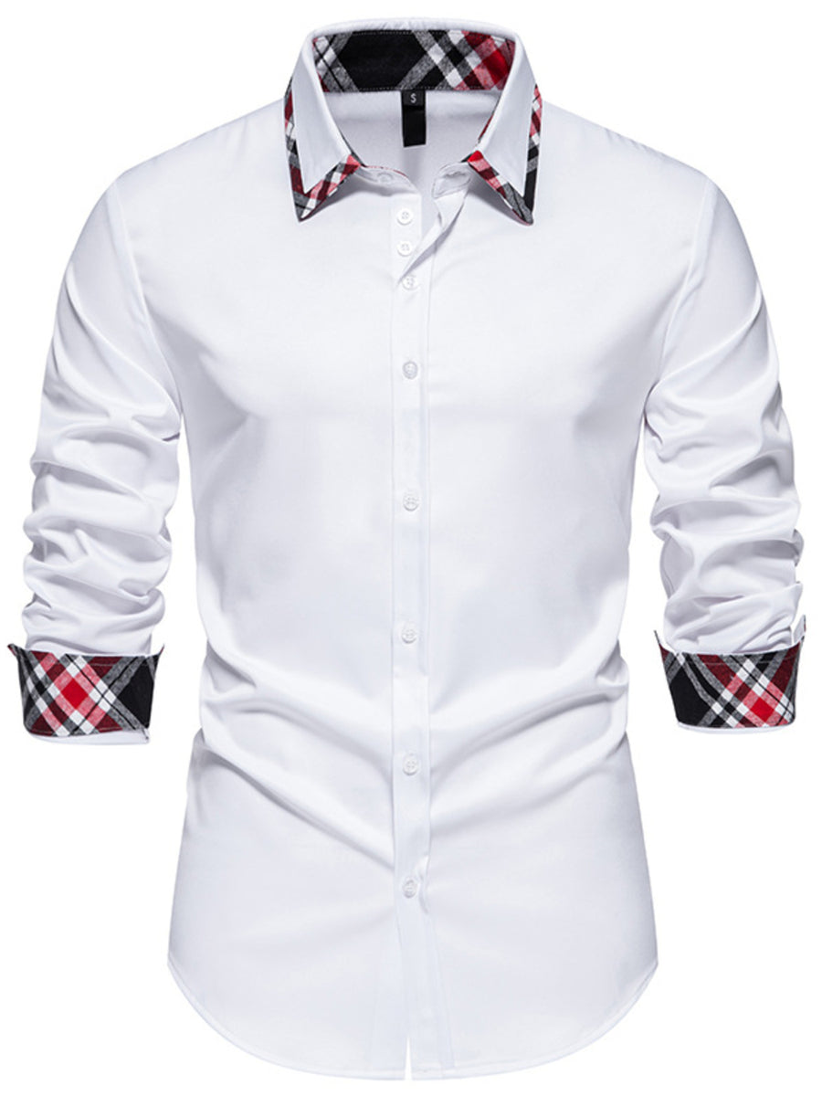 Men's white cotton slim fit shirt with plaid collar and cuffs