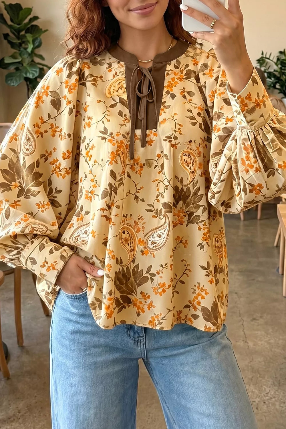 Tan Paisley Print Tie Neck Long Sleeve Top