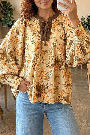 Tan Paisley Print Tie Neck Long Sleeve Top