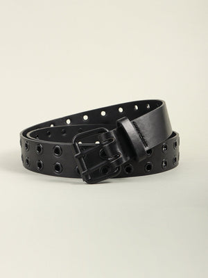 Black vegan leather belt with double grommets and a matte black buckle.