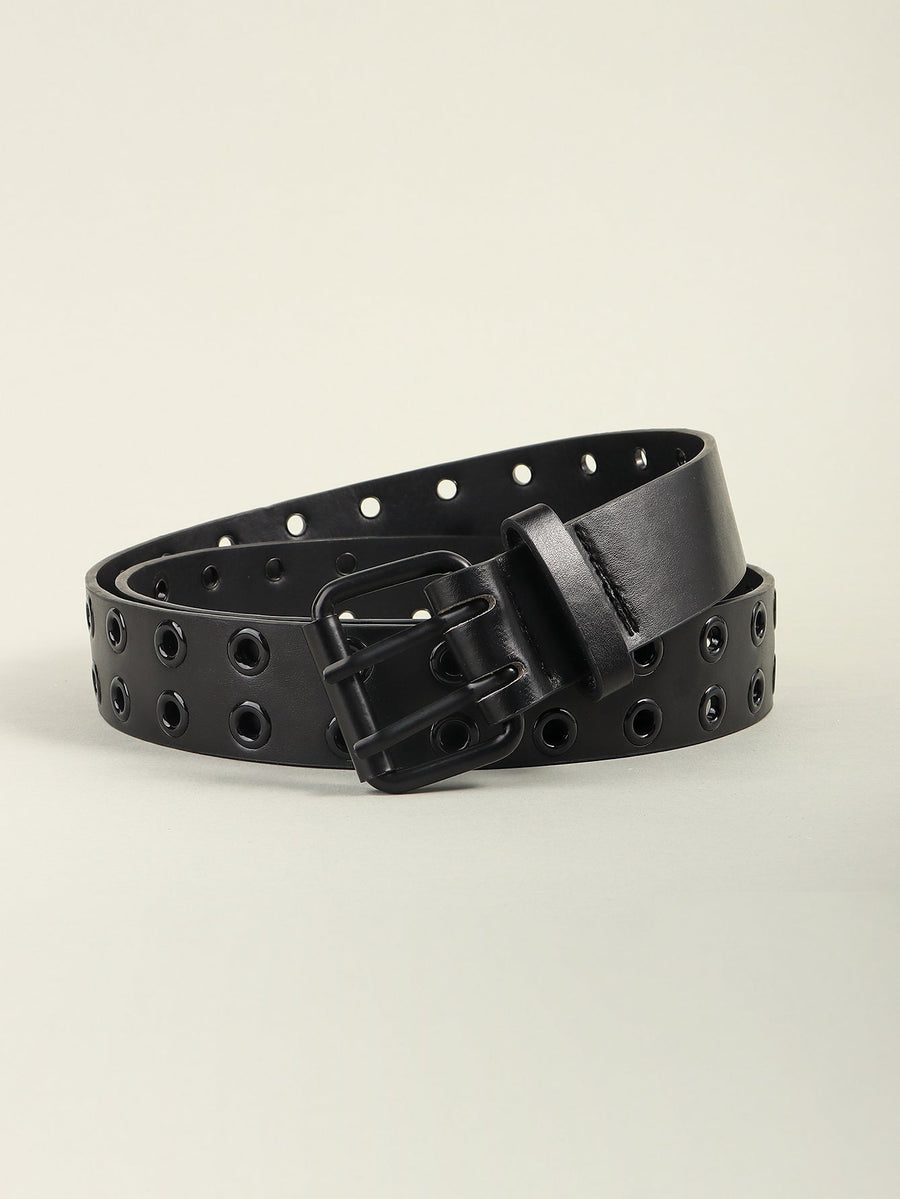 Black vegan leather belt with double grommets and a matte black buckle.