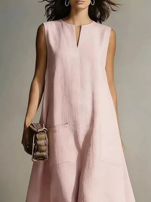 Pink sleeveless midi dress with V-neck and patch pockets
