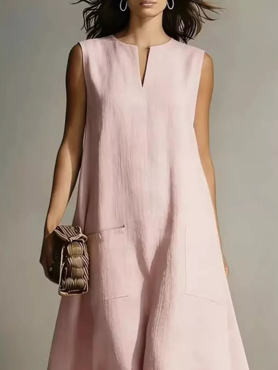 Pink sleeveless midi dress with V-neck and patch pockets
