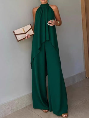 High-Low Sleeveless Top & Wide-Leg Pants Set in Tan with high-low