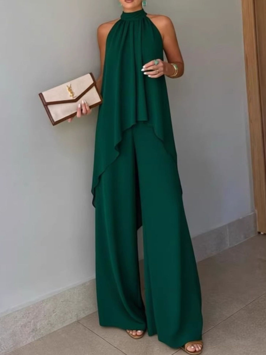 High-Low Sleeveless Top & Wide-Leg Pants Set in Tan with high-low