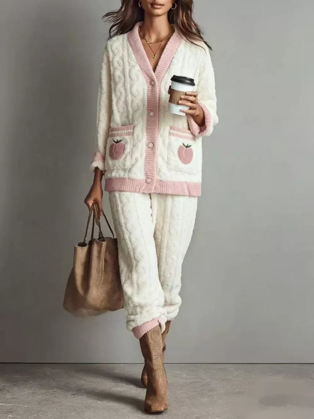 cream lounge set with cable knit and collared