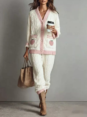 cream lounge set with cable knit and collared