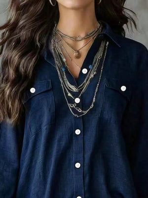 Casual Linen Shirt Dress With Pockets in Black with buttoned