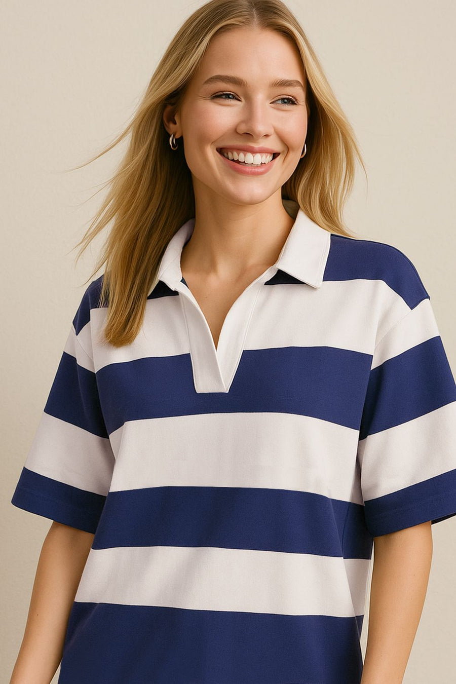 Navy and white striped polo shirt with short sleeves