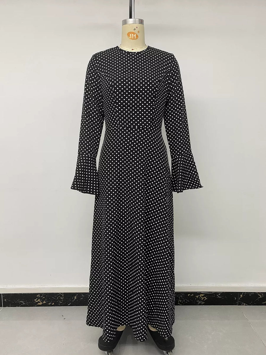 Polka Dot Flare Sleeve Maxi Dress in Black with ruffled