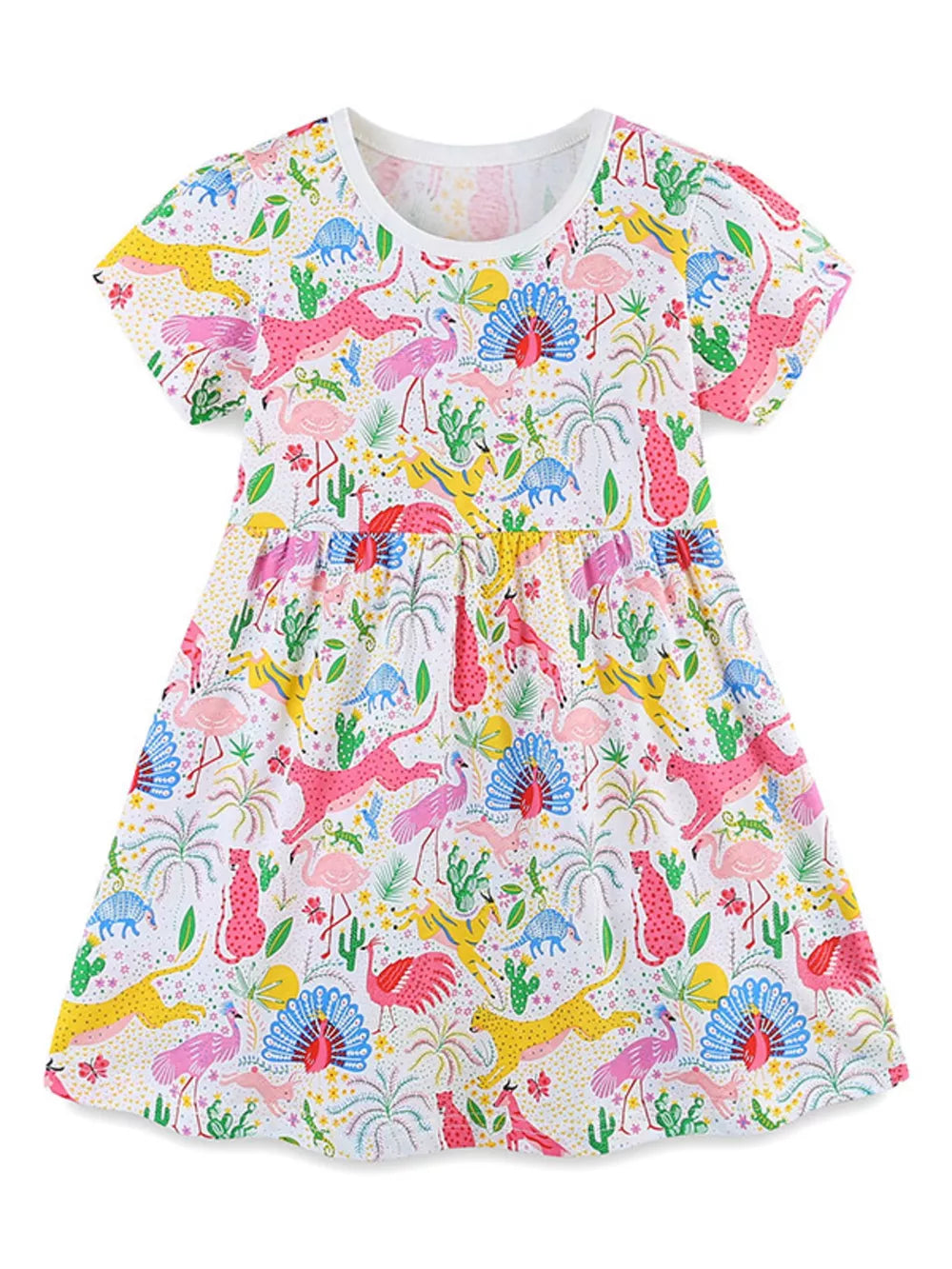 White cotton blend dress with a colorful animal and dinosaur print, short sleeves, and gathered waist.