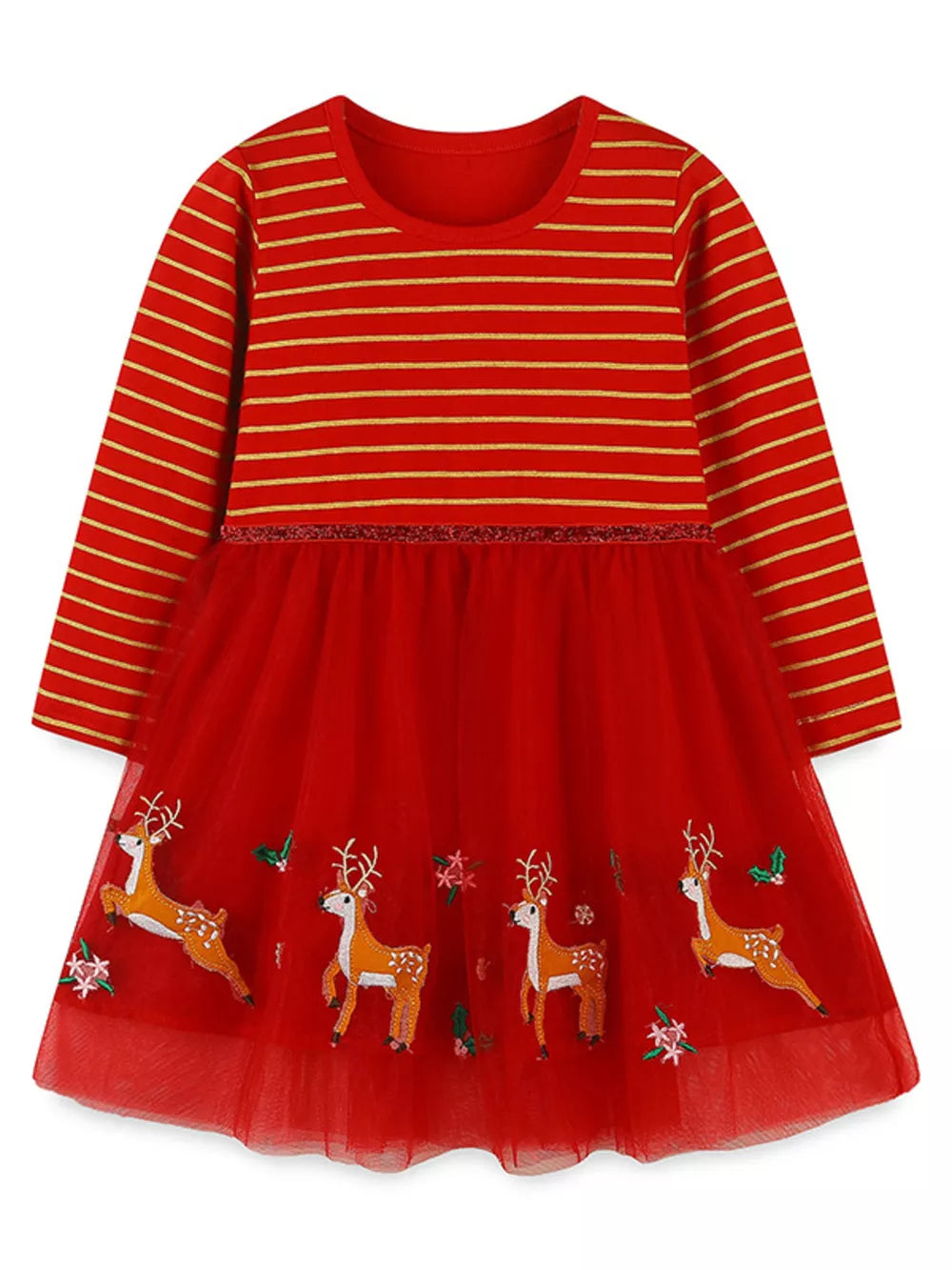 Red tulle dress with gold stripes and embroidered elk, long sleeves.