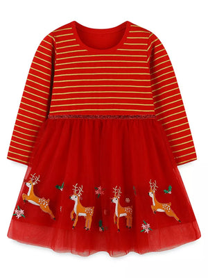 Red tulle dress with gold stripes and embroidered elk, long sleeves.