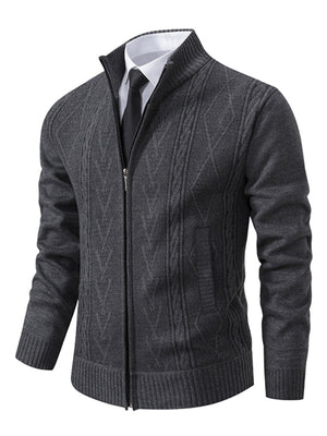 classic cardigan in camel with stand collar