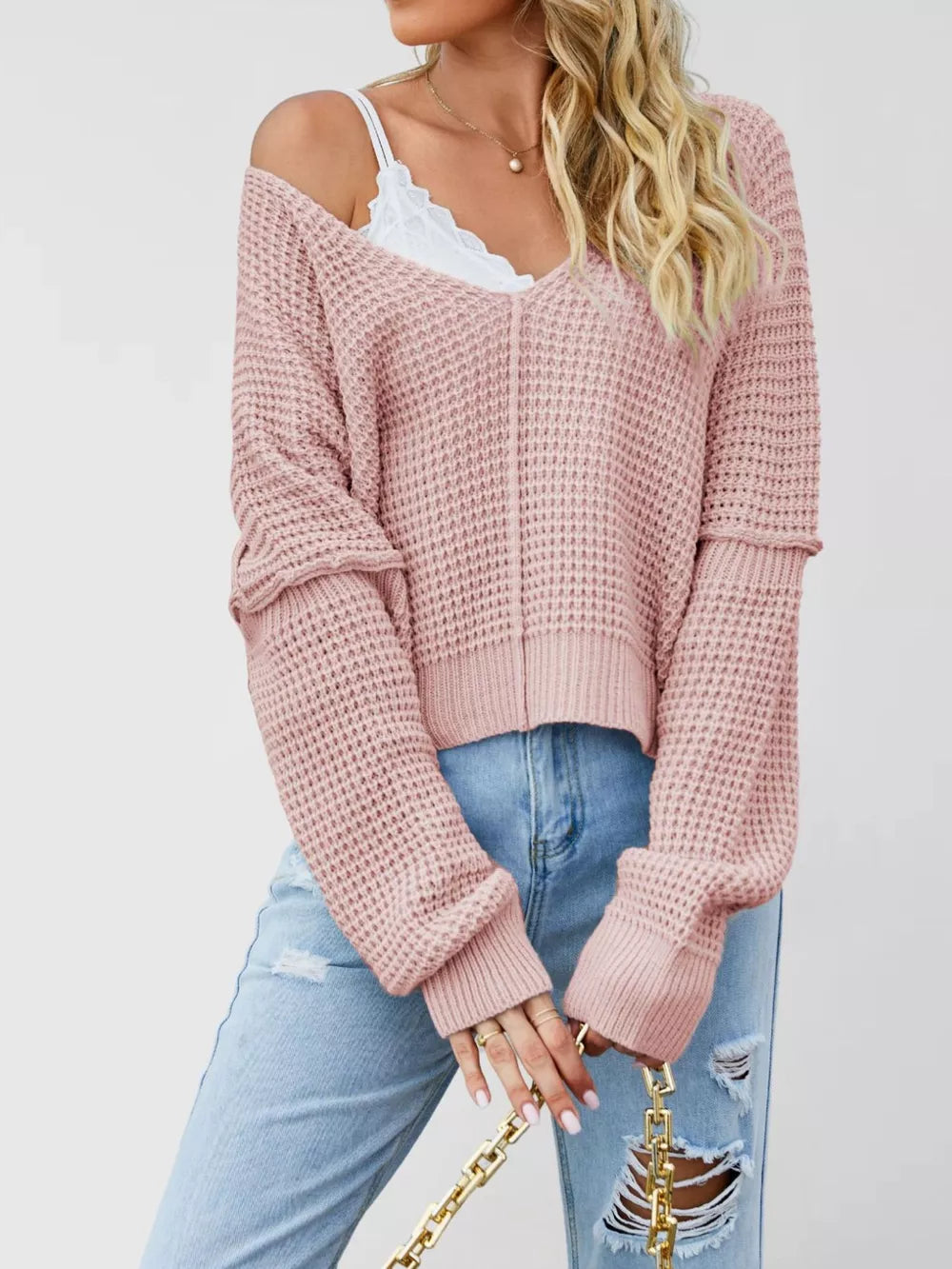 pullover sweater featuring waffle-knit in Apricot with 100% polyester Care instructions: Machine wash cold texture