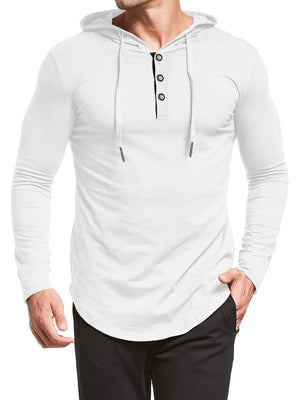 White long sleeve hooded henley tee with curved hem and buttoned placket