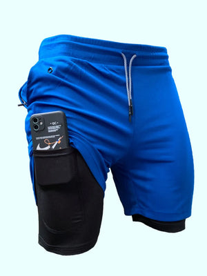 Blue dual-layered performance shorts with built-in phone pocket and drawstring waist
