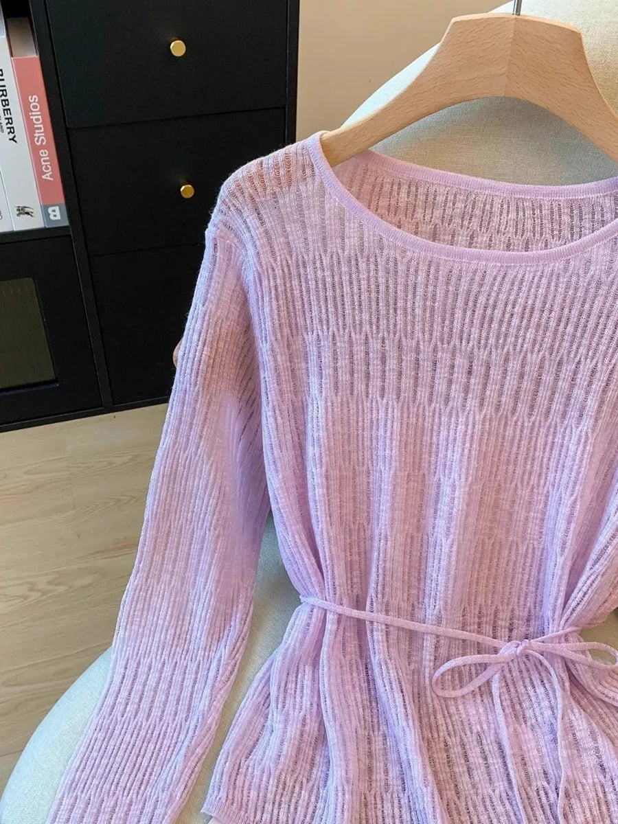 Light Blue Long Sleeve Knit Top With Tie Detail