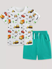 Toddler boys' white cotton tee with vehicle print and teal shorts.