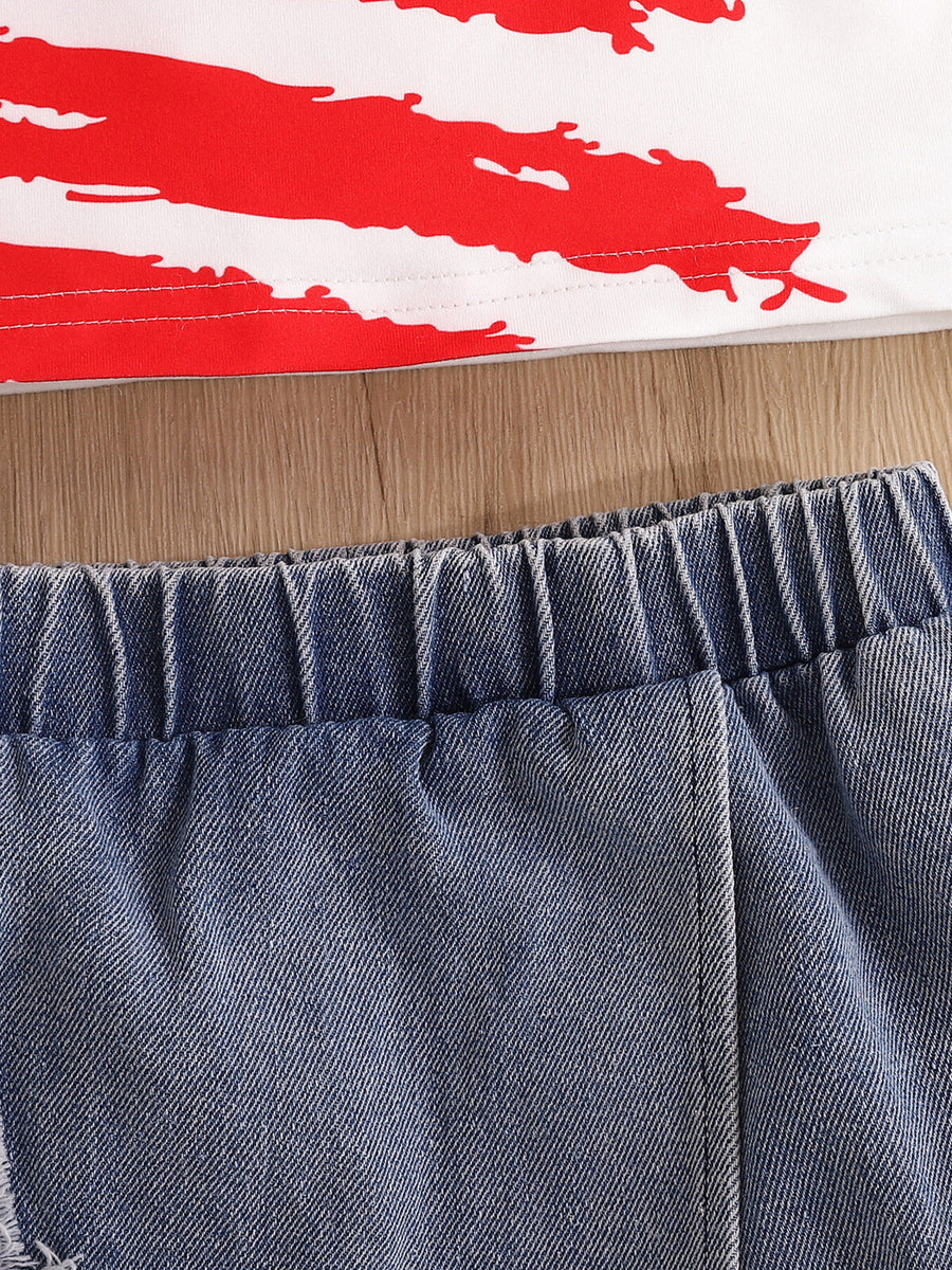 Denim skirt with elastic waistband and distressed hem, paired with a white top featuring red abstract stripes.