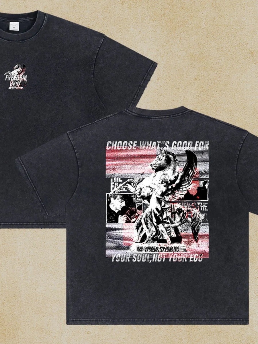 Black vintage wash graphic tee with winged horse and text.
