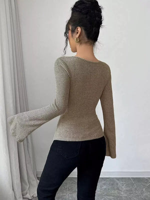 Gray ribbed cowl neck top with flared sleeves