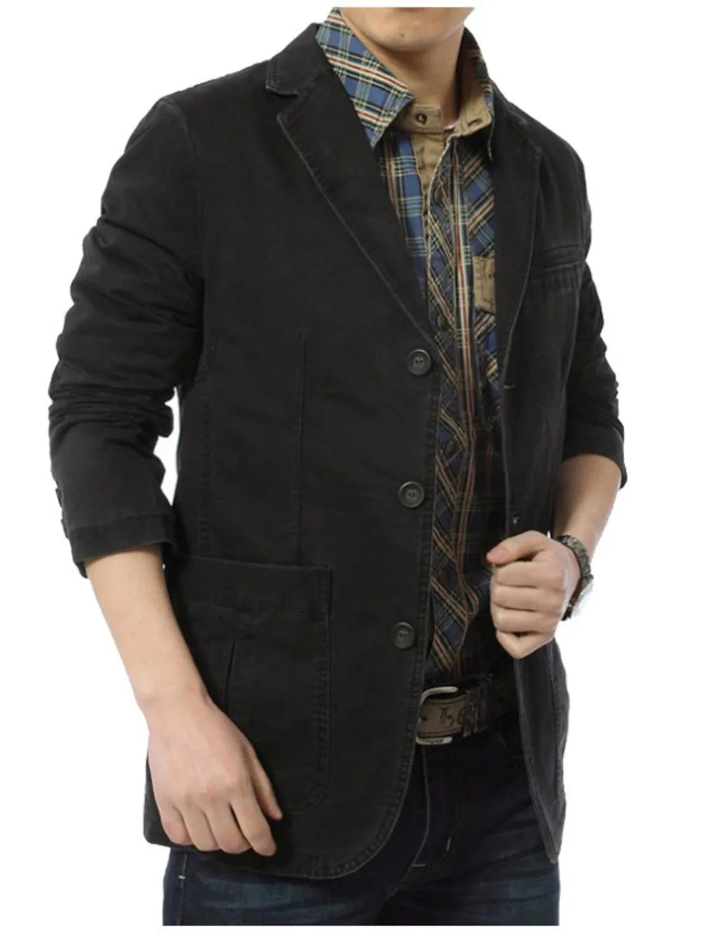 Black cotton blazer with lapel collar, buttoned front, and flap pockets.