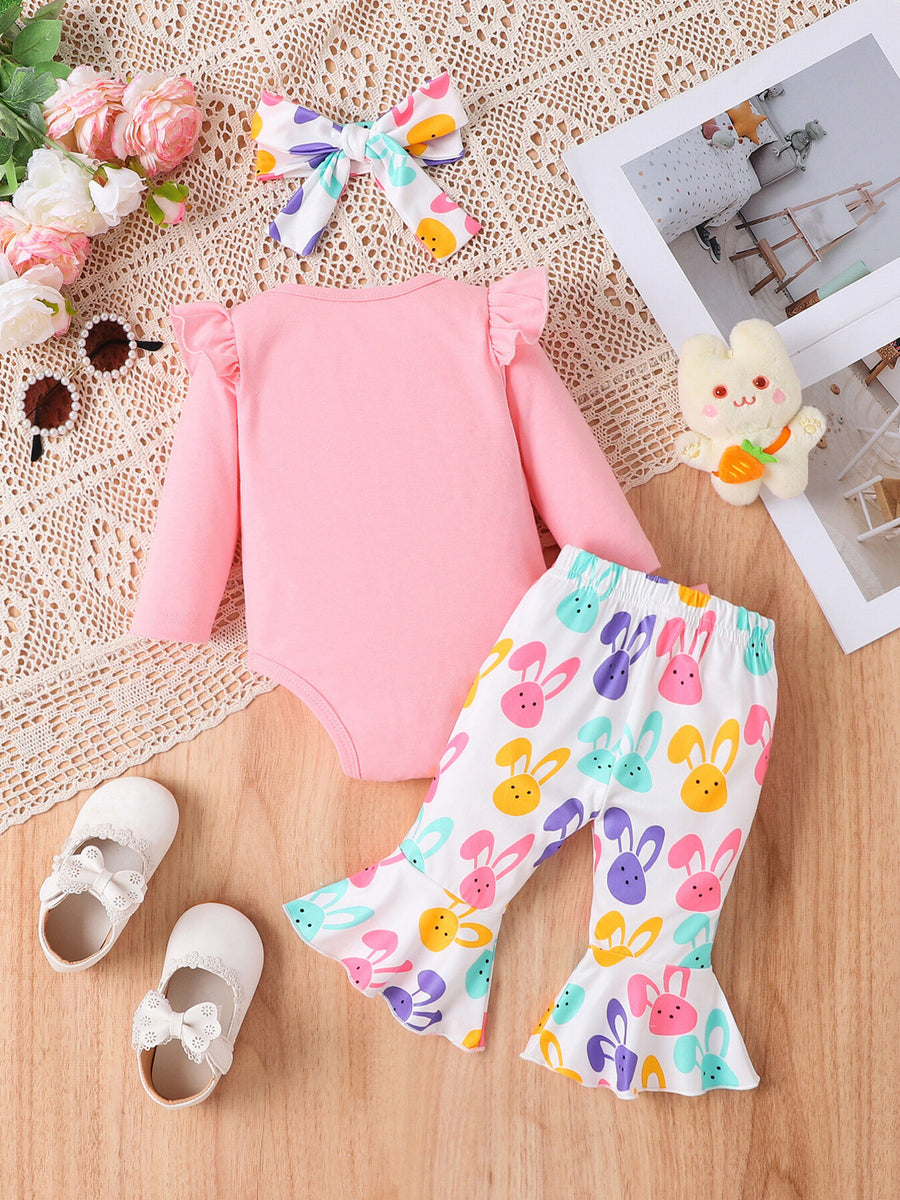 Pink baby bodysuit with ruffled sleeves and bell-bottom pants with colorful bunny print.