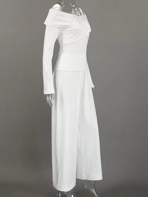 modern off-shoulder top and wide-leg pants set in Black with off-shoulder
