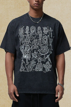 Black vintage wash t-shirt with religious icon graphic print and distressed details.